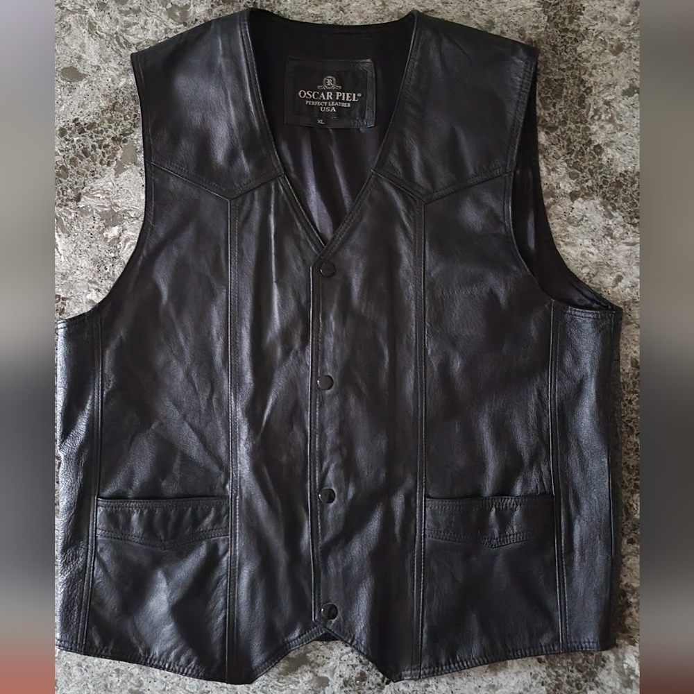 Oscar Piel Leather Vest USA Eagle Patch